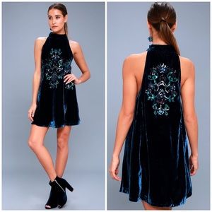 Velvet High-Neck Embellished Swing Dress - Navy